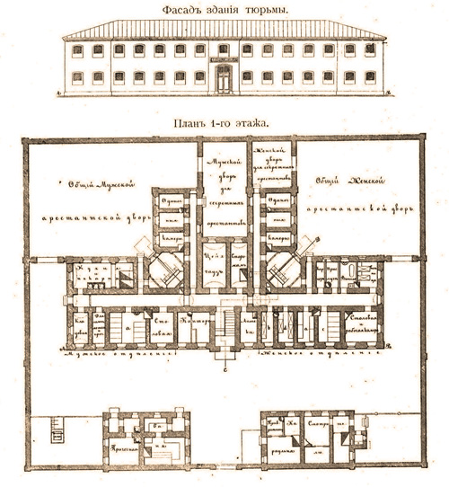 Фасад и план 1-го этажа городской тюрьмы