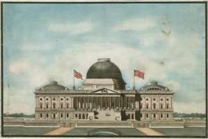 Внешний вид Капитолия во время строительства в 1834 году. Архив Библиотеки Конгресса США